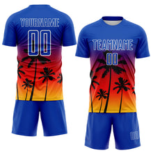 Laden Sie das Bild in den Galerie-Viewer, Custom Thunder Blue Fire Red Yellow-White Tropical Hawaii Palm Trees Gradient Sublimation Soccer Uniform Jersey