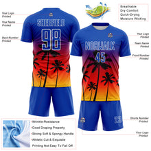 Laden Sie das Bild in den Galerie-Viewer, Custom Thunder Blue Fire Red Yellow-White Tropical Hawaii Palm Trees Gradient Sublimation Soccer Uniform Jersey