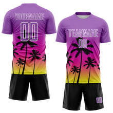 Load image into Gallery viewer, Custom Medium Purple Deep Pink Neon Yellow White-Black Tropical Hawaii Palm Trees Gradient Sublimation Soccer Uniform Jersey