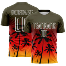 Load image into Gallery viewer, Custom Olive Fire Red Gold-White Tropical Hawaii Palm Trees Gradient Sublimation Soccer Uniform Jersey