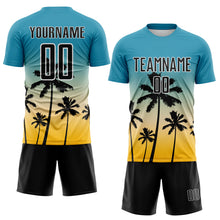 Laden Sie das Bild in den Galerie-Viewer, Custom Panther Blue Black Cream Gold-White Tropical Hawaii Palm Trees Gradient Sublimation Soccer Uniform Jersey