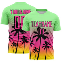 Load image into Gallery viewer, Custom Pea Green Pink Light Yellow-Black Tropical Hawaii Palm Trees Gradient Sublimation Soccer Uniform Jersey