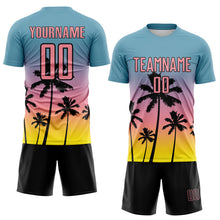 Laden Sie das Bild in den Galerie-Viewer, Custom Shadow Blue Medium Pink Light Yellow-Black Tropical Hawaii Palm Trees Gradient Sublimation Soccer Uniform Jersey