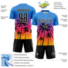 Load image into Gallery viewer, Custom Powder Blue Black Neon Pink Gold-White Tropical Hawaii Palm Trees Gradient Sublimation Soccer Uniform Jersey