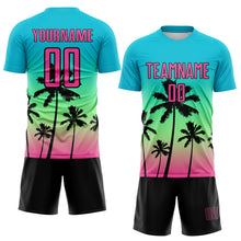 Load image into Gallery viewer, Custom Lakes Blue Pink Pea Green-Black Tropical Hawaii Palm Trees Gradient Sublimation Soccer Uniform Jersey