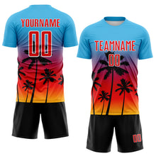 Charger l'image dans la galerie, Custom Sky Blue Fire Red Gold White-Black Tropical Hawaii Palm Trees Gradient Sublimation Soccer Uniform Jersey