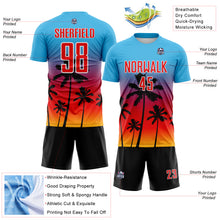 Charger l'image dans la galerie, Custom Sky Blue Fire Red Gold White-Black Tropical Hawaii Palm Trees Gradient Sublimation Soccer Uniform Jersey