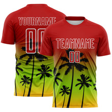 Laden Sie das Bild in den Galerie-Viewer, Custom Red Neon Green Gold White-Black Tropical Hawaii Palm Trees Gradient Sublimation Soccer Uniform Jersey