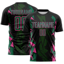 Laden Sie das Bild in den Galerie-Viewer, Custom Black Kelly Green-Pink Geometric Shard Grunge Splash Sublimation Soccer Uniform Jersey
