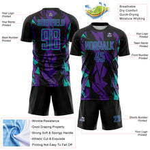 Загрузить изображение в средство просмотра галереи, Custom Black Purple-Aqua Geometric Shard Grunge Splash Sublimation Soccer Uniform Jersey
