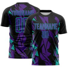 Загрузить изображение в средство просмотра галереи, Custom Black Purple-Aqua Geometric Shard Grunge Splash Sublimation Soccer Uniform Jersey
