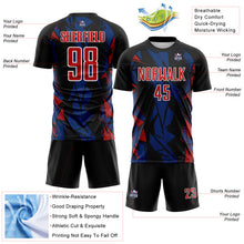 Laden Sie das Bild in den Galerie-Viewer, Custom Black Red Royal-White Geometric Shard Grunge Splash Sublimation Soccer Uniform Jersey