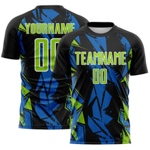 Laden Sie das Bild in den Galerie-Viewer, Custom Black Neon Green Blue-White Geometric Shard Grunge Splash Sublimation Soccer Uniform Jersey