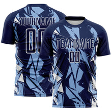 Laden Sie das Bild in den Galerie-Viewer, Custom Navy Light Blue-White Geometric Shard Grunge Splash Sublimation Soccer Uniform Jersey