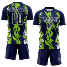 Laden Sie das Bild in den Galerie-Viewer, Custom Navy Neon Green-White Geometric Shard Grunge Splash Sublimation Soccer Uniform Jersey