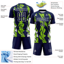 Laden Sie das Bild in den Galerie-Viewer, Custom Navy Neon Green-White Geometric Shard Grunge Splash Sublimation Soccer Uniform Jersey