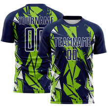 Laden Sie das Bild in den Galerie-Viewer, Custom Navy Neon Green-White Geometric Shard Grunge Splash Sublimation Soccer Uniform Jersey