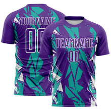 Загрузить изображение в средство просмотра галереи, Custom Purple Aqua-White Geometric Shard Grunge Splash Sublimation Soccer Uniform Jersey