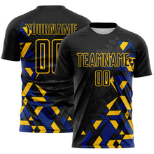Load image into Gallery viewer, Custom Black Royal-Yellow Geometric Grid Gradient Sublimation Soccer Uniform Jersey
