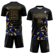 Load image into Gallery viewer, Custom Black Royal-Old Gold Geometric Grid Gradient Sublimation Soccer Uniform Jersey