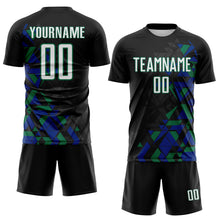 Laden Sie das Bild in den Galerie-Viewer, Custom Black White Royal-Kelly Green Geometric Grid Gradient Sublimation Soccer Uniform Jersey