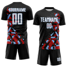 Laden Sie das Bild in den Galerie-Viewer, Custom Black White Red-Light Blue Geometric Grid Gradient Sublimation Soccer Uniform Jersey