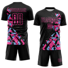 Load image into Gallery viewer, Custom Black Pink-Light Blue Geometric Grid Gradient Sublimation Soccer Uniform Jersey