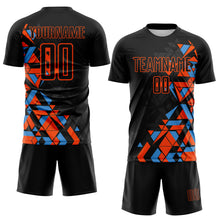 Laden Sie das Bild in den Galerie-Viewer, Custom Black Orange-Powder Blue Geometric Grid Gradient Sublimation Soccer Uniform Jersey