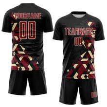 Laden Sie das Bild in den Galerie-Viewer, Custom Black Crimson-Cream Geometric Grid Gradient Sublimation Soccer Uniform Jersey