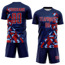 Load image into Gallery viewer, Custom Navy Red US Navy Blue-Light Blue Geometric Grid Gradient Sublimation Soccer Uniform Jersey