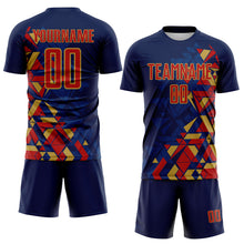 Load image into Gallery viewer, Custom Navy Red US Navy Blue-Old Gold Geometric Grid Gradient Sublimation Soccer Uniform Jersey