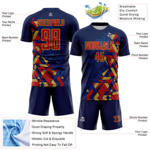 Load image into Gallery viewer, Custom Navy Red US Navy Blue-Old Gold Geometric Grid Gradient Sublimation Soccer Uniform Jersey