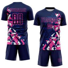 Laden Sie das Bild in den Galerie-Viewer, Custom Navy US Navy Blue Pink-White Geometric Grid Gradient Sublimation Soccer Uniform Jersey