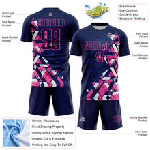 Laden Sie das Bild in den Galerie-Viewer, Custom Navy US Navy Blue Pink-White Geometric Grid Gradient Sublimation Soccer Uniform Jersey