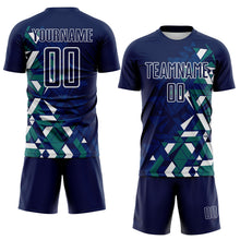 Laden Sie das Bild in den Galerie-Viewer, Custom Navy US Navy Blue Teal-White Geometric Grid Gradient Sublimation Soccer Uniform Jersey