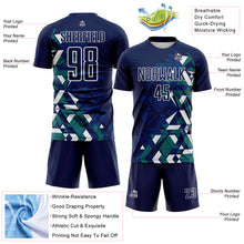 Laden Sie das Bild in den Galerie-Viewer, Custom Navy US Navy Blue Teal-White Geometric Grid Gradient Sublimation Soccer Uniform Jersey