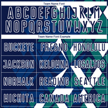 Laden Sie das Bild in den Galerie-Viewer, Custom Navy US Navy Blue Teal-White Geometric Grid Gradient Sublimation Soccer Uniform Jersey