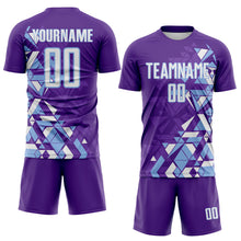 Laden Sie das Bild in den Galerie-Viewer, Custom Purple White-Light Blue Geometric Grid Gradient Sublimation Soccer Uniform Jersey