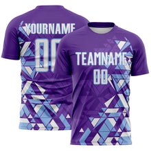 Laden Sie das Bild in den Galerie-Viewer, Custom Purple White-Light Blue Geometric Grid Gradient Sublimation Soccer Uniform Jersey