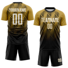 Laden Sie das Bild in den Galerie-Viewer, Custom Black White-Old Gold Spiked Sharp Lines Gradient Sublimation Soccer Uniform Jersey