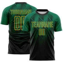 Laden Sie das Bild in den Galerie-Viewer, Custom Black Kelly Green-Gold Spiked Sharp Lines Gradient Sublimation Soccer Uniform Jersey