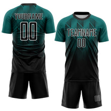 Load image into Gallery viewer, Custom Black Teal-White Spiked Sharp Lines Gradient Sublimation Soccer Uniform Jersey