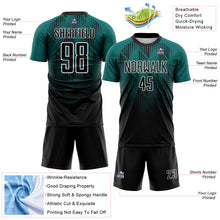 Load image into Gallery viewer, Custom Black Teal-White Spiked Sharp Lines Gradient Sublimation Soccer Uniform Jersey
