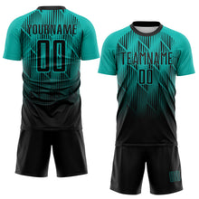 Laden Sie das Bild in den Galerie-Viewer, Custom Black-Aqua Spiked Sharp Lines Gradient Sublimation Soccer Uniform Jersey