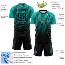 Laden Sie das Bild in den Galerie-Viewer, Custom Black-Aqua Spiked Sharp Lines Gradient Sublimation Soccer Uniform Jersey