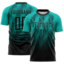Laden Sie das Bild in den Galerie-Viewer, Custom Black-Aqua Spiked Sharp Lines Gradient Sublimation Soccer Uniform Jersey