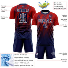 Laden Sie das Bild in den Galerie-Viewer, Custom Navy Red-White Spiked Sharp Lines Gradient Sublimation Soccer Uniform Jersey