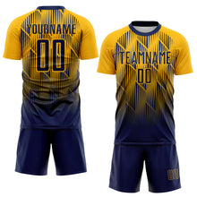 Load image into Gallery viewer, Custom Navy-Gold Spiked Sharp Lines Gradient Sublimation Soccer Uniform Jersey