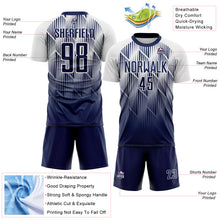Load image into Gallery viewer, Custom Navy-White Spiked Sharp Lines Gradient Sublimation Soccer Uniform Jersey