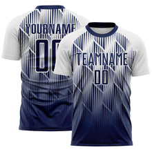 Load image into Gallery viewer, Custom Navy-White Spiked Sharp Lines Gradient Sublimation Soccer Uniform Jersey